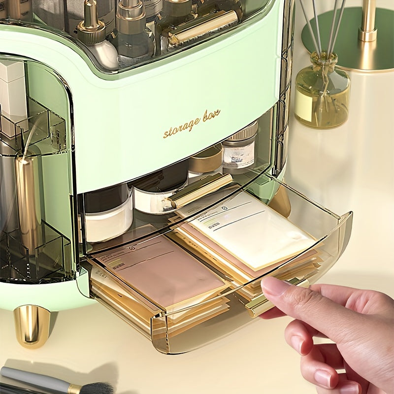 Stylish "Amberley" Makeup Organizer - Portable, Transparent Cosmetic Box with Golden Accents, No Electricity Needed.