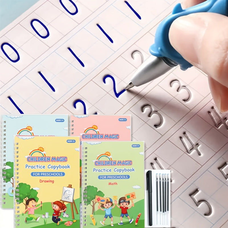 Bundle includes 4 notebooks, 5 pen refills, 1 grip, Groove Magic Practice Writing Book for beginners, a tracing book for numbers and English, fun writing stickers with disappearing ink.