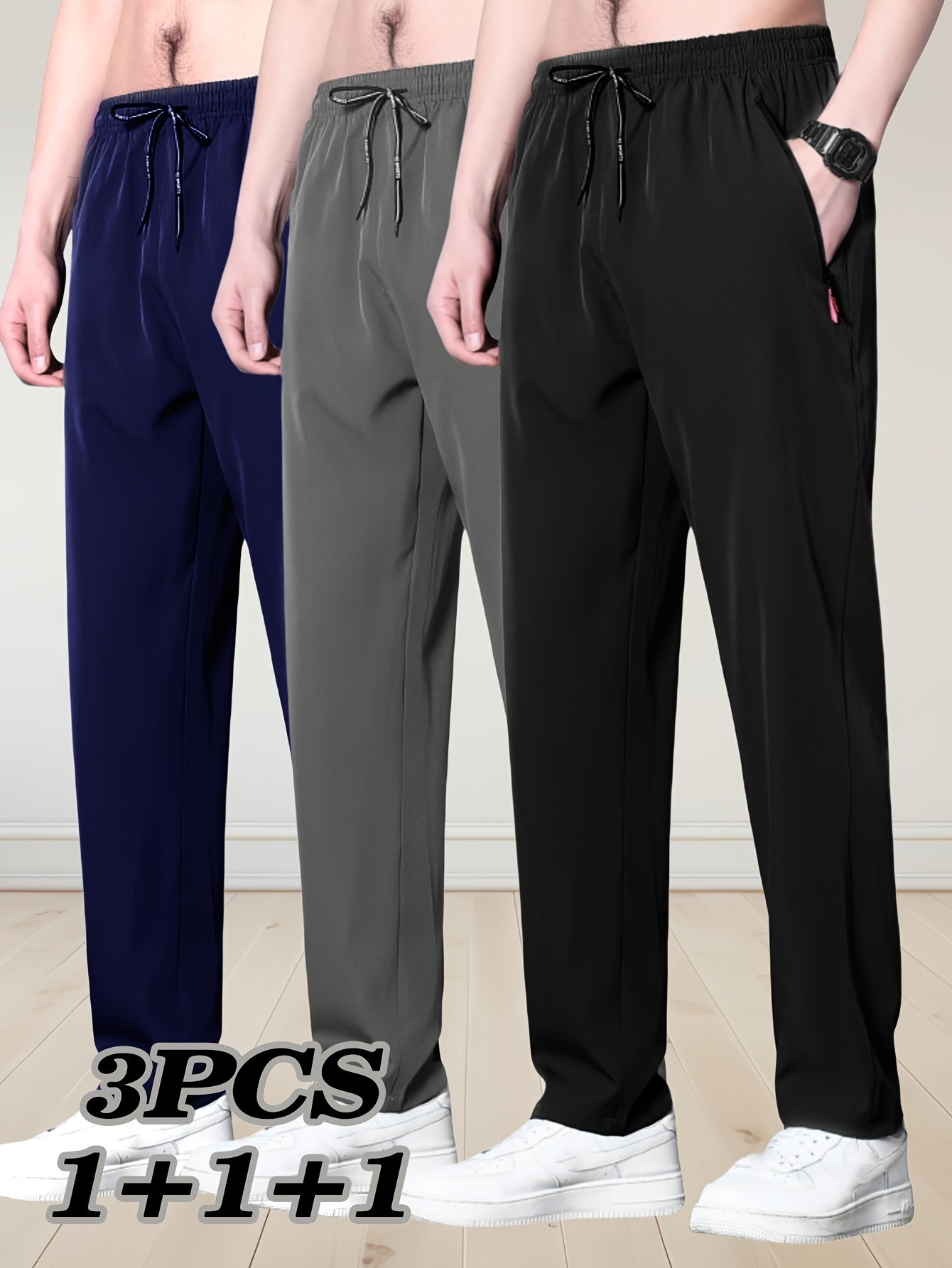 Men's navy blue & black running pants with zipper pockets, comfortable plus size joggers made of polyester fabric. Machine washable and perfect for spring/summer. Features adjustable