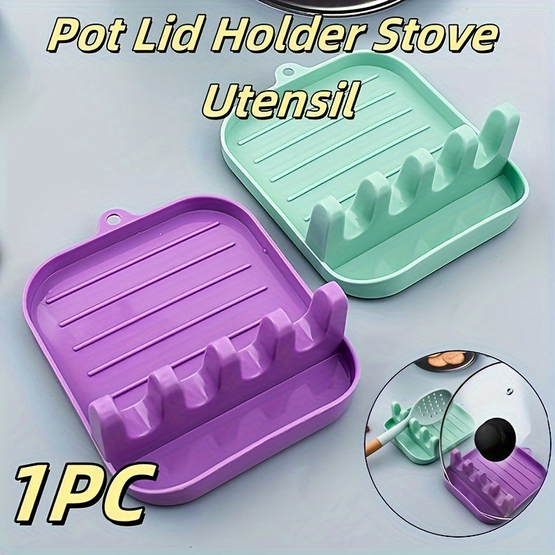 Organize your kitchen with the Space-Saving Kitchen Organizer Set: Includes a Drip-Free Pot Lid Holder and Spoon Rest, along with an Easy-to-Clean Cooking Utensil Rack for your Countertop.