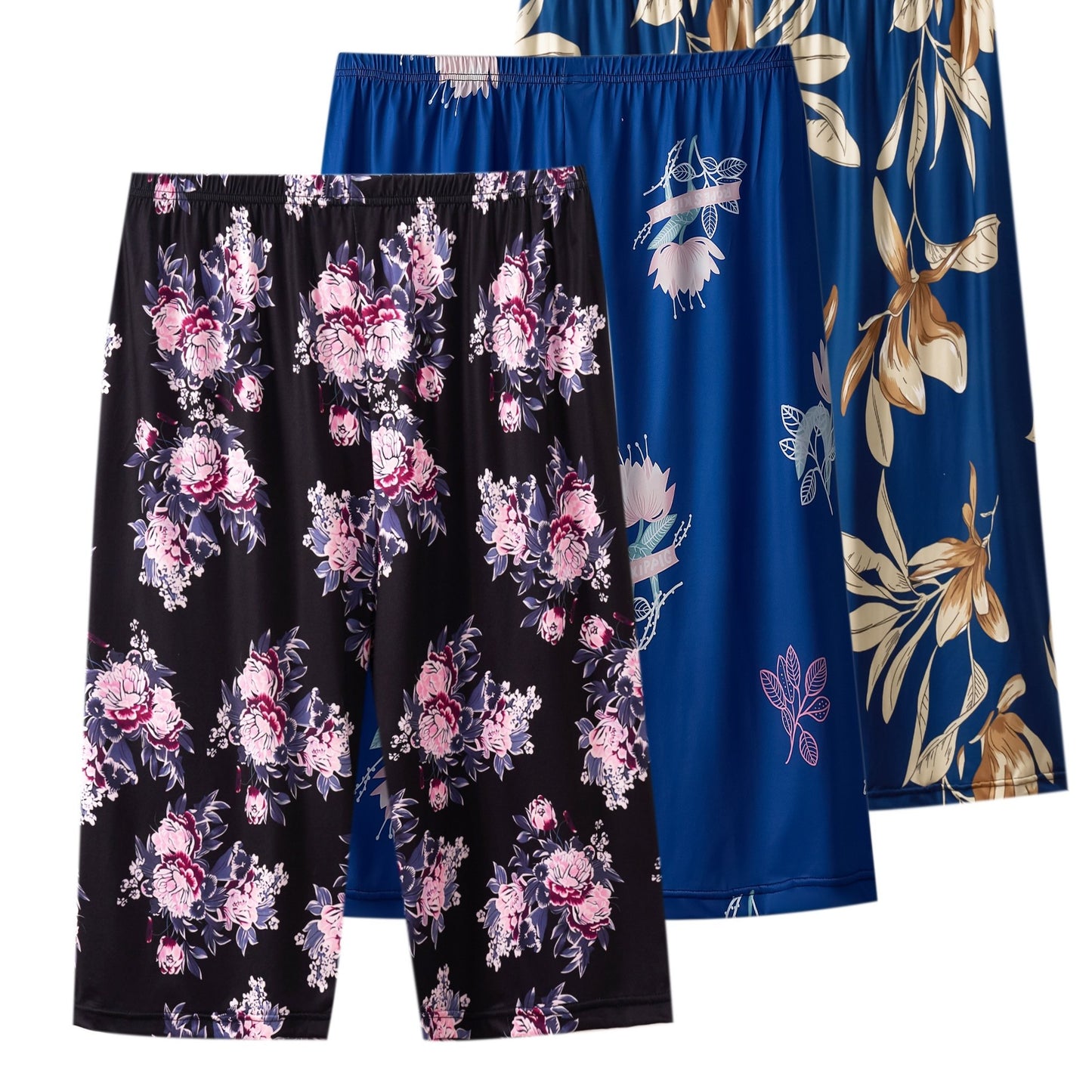 3 women's plus casual sleep shorts with floral print and elastic waist.