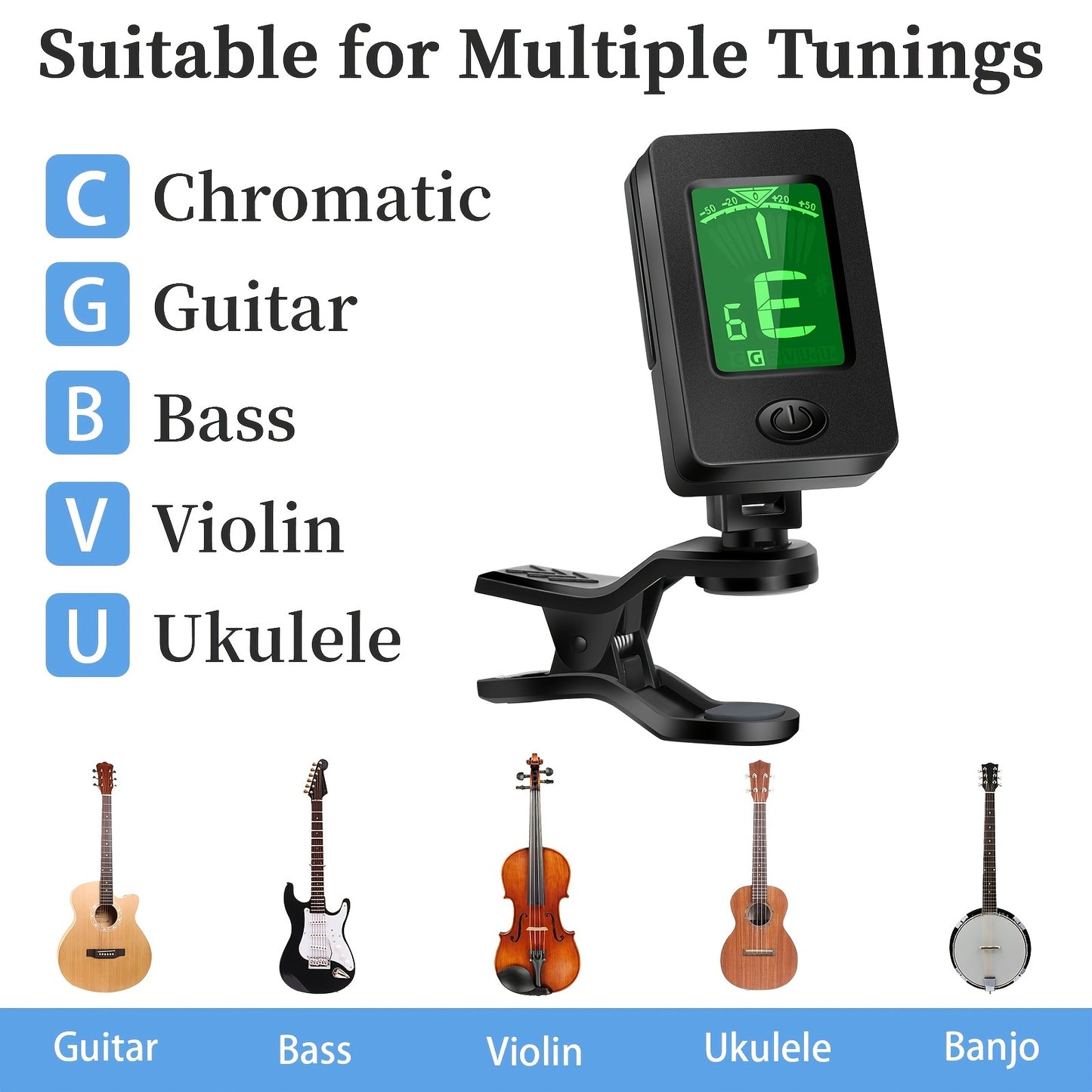 Guitar tuner with picks, capo, quick-release clip-on tuner for guitar, violin, bass, ukulele.