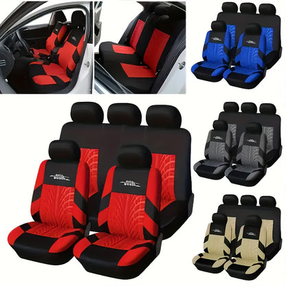 Durable polyester car seat covers for 5-seater vehicles with stylish red/black or blue/black patterns, suitable for cars, trucks, and SUVs. Easy to wash by hand or dry clean.