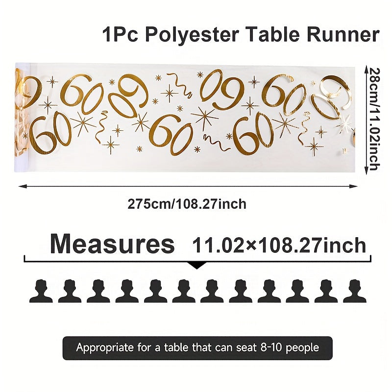 Polyester table runner with golden stamping for milestone celebrations. Perfect for anniversaries, retirement parties, and milestone birthdays. Comes in a rectangular shape.