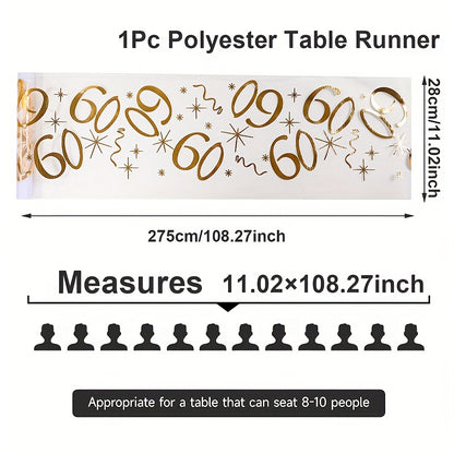 Polyester table runner with golden stamping for milestone celebrations. Perfect for anniversaries, retirement parties, and milestone birthdays. Comes in a rectangular shape.