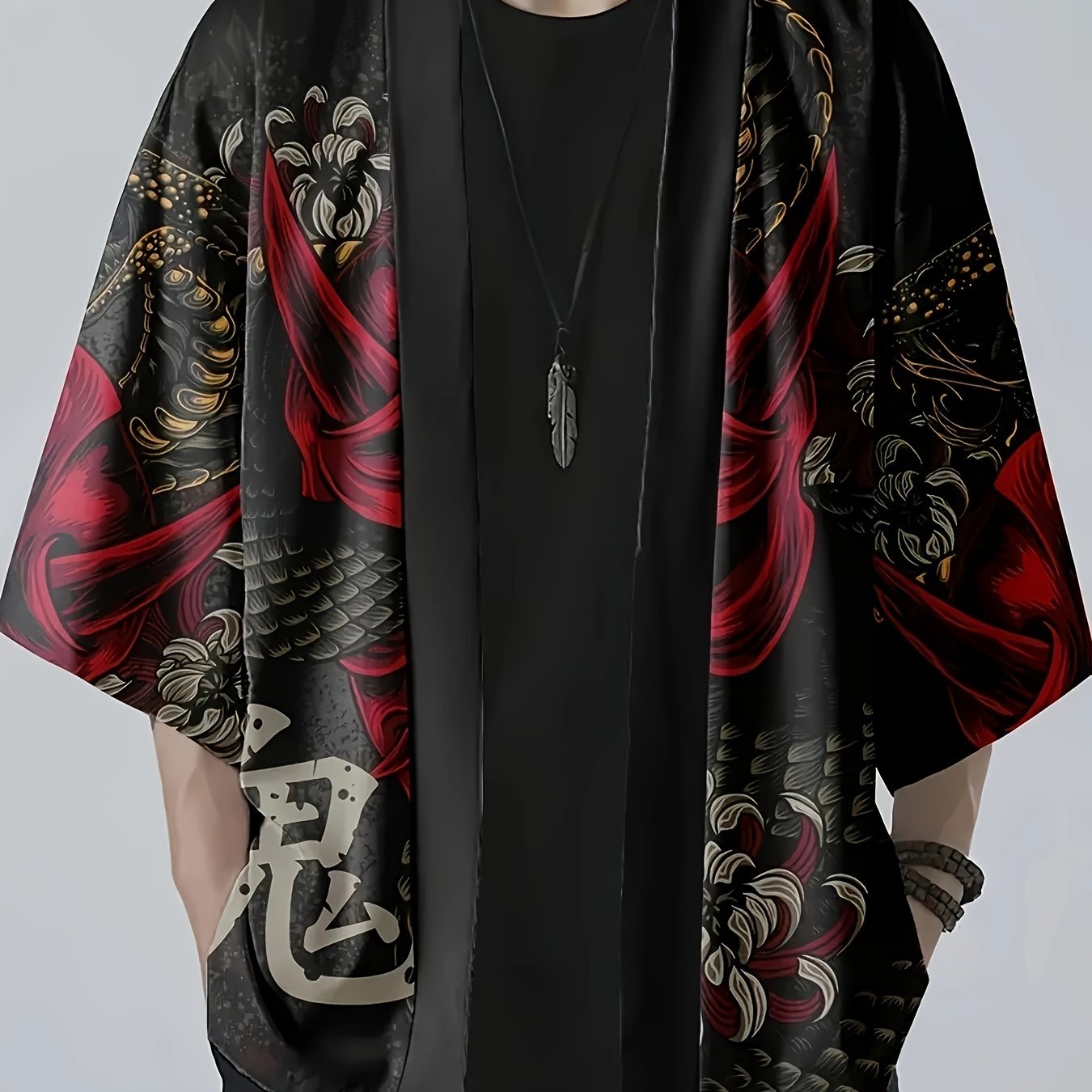 Japanese-style kimono shirt for men with ghost and snake illustration pattern, three-quarter sleeves, and open placket. Perfect for summer streetwear.