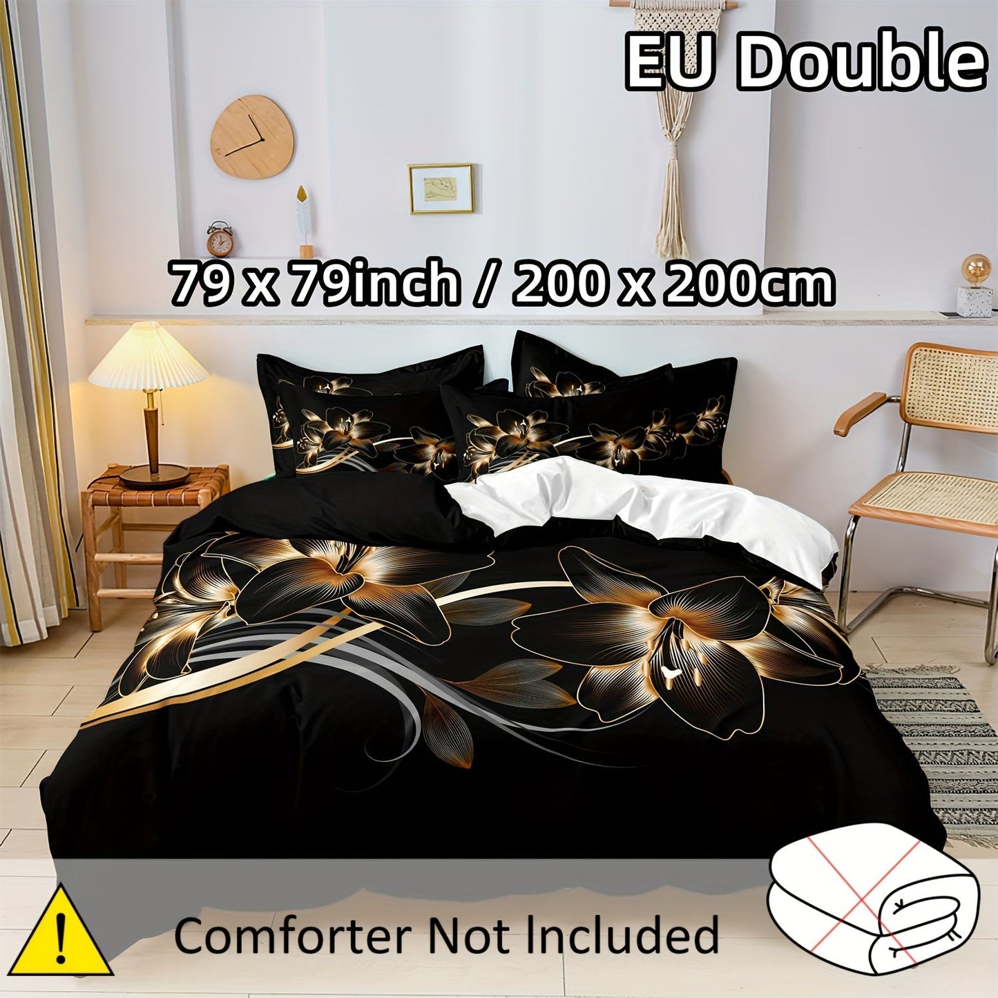 This luxurious Black and Golden Floral Duvet Cover Set is made of 100% Polyester, making it lightweight and perfect for all seasons. The set features a zipper closure for easy use, a beautiful digital print design, and includes pillowcases. Machine