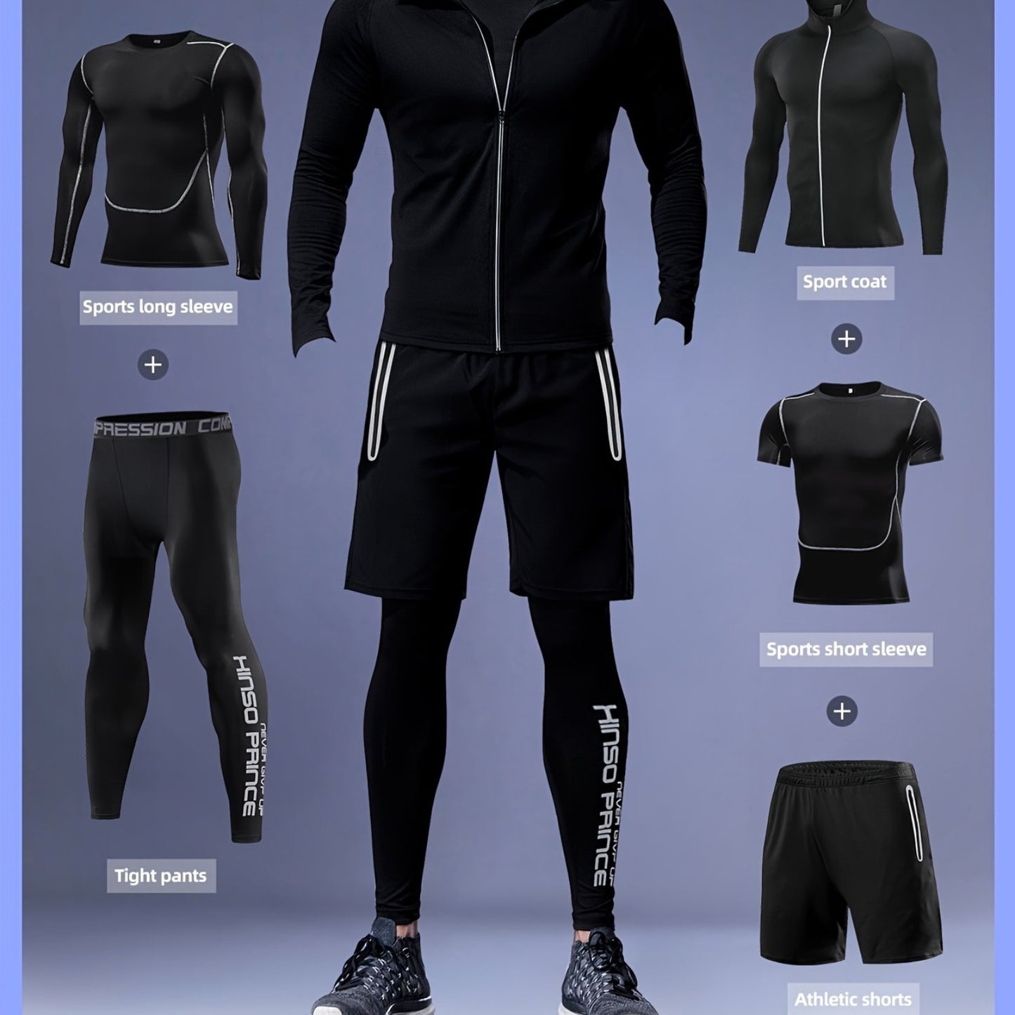 5-piece men's athletic set by Hinson Prince made of a breathable, quick-dry polyester blend. Includes zippered hoodie, tight-fit tops and bottoms suitable for gym workouts, running