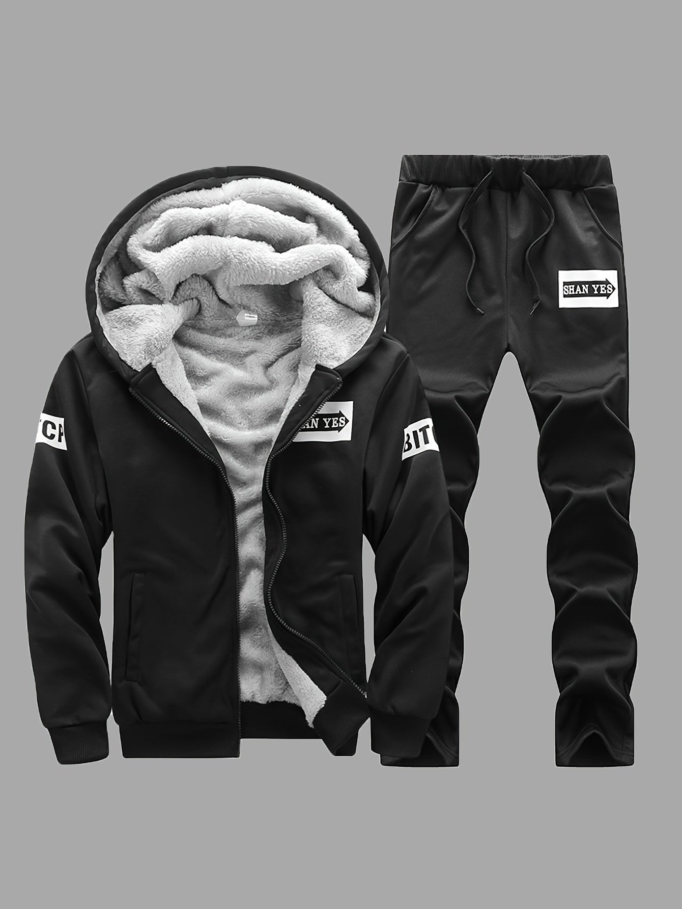 Men's winter fleece-lined hooded jacket and joggers set for a warm, thick, and stylish athletic outfit.