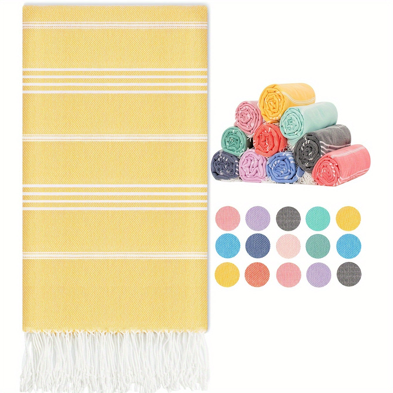 Turkish beach towel: quick-dry, sand-free, lightweight, oversized in striped patterns (yellow, white, blue, gray, pink) for pool, swim, travel. Ideal for camping, cruise, vacation, beach blanket.