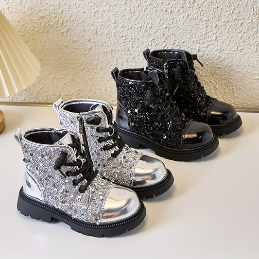 Stylish glitter ankle boots with side zipper for girls in fall and winter.