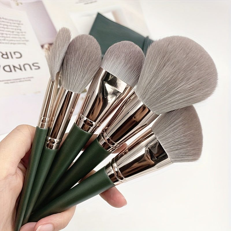 14-piece luxurious green brush set for full face and eye detailing, perfect for foundation, contouring, and blending.