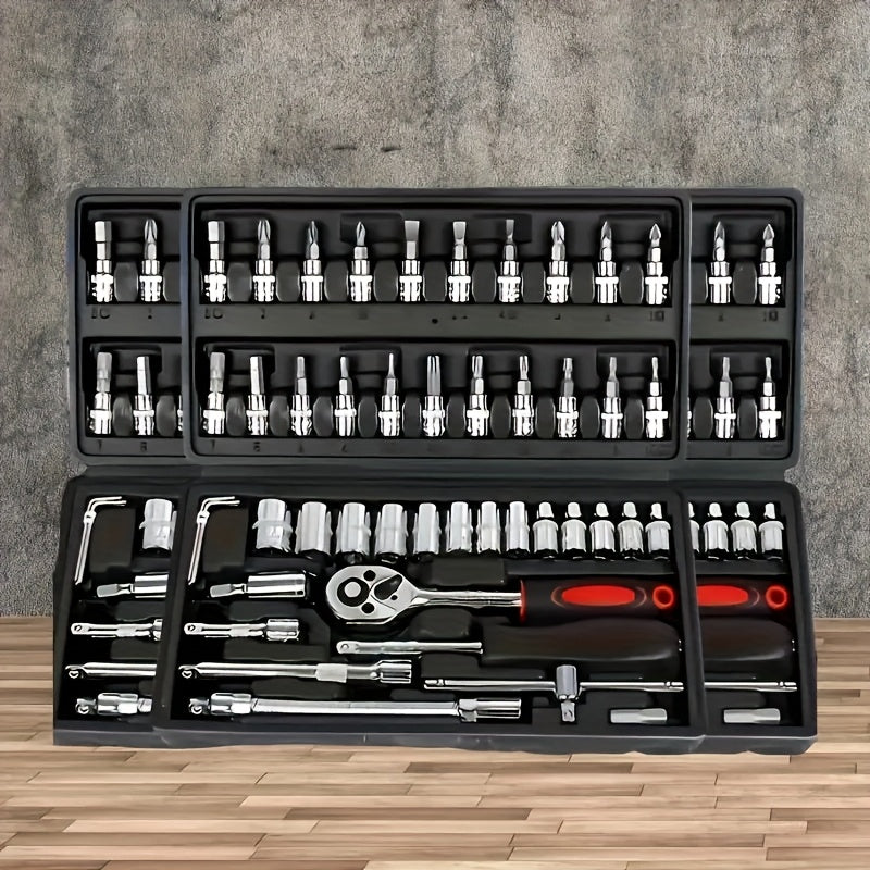 46-piece Chrome Vanadium Steel Mechanic Tool Set, includes heat-treated wrench kit, high torque, portable for car, bike, and motorcycle maintenance.