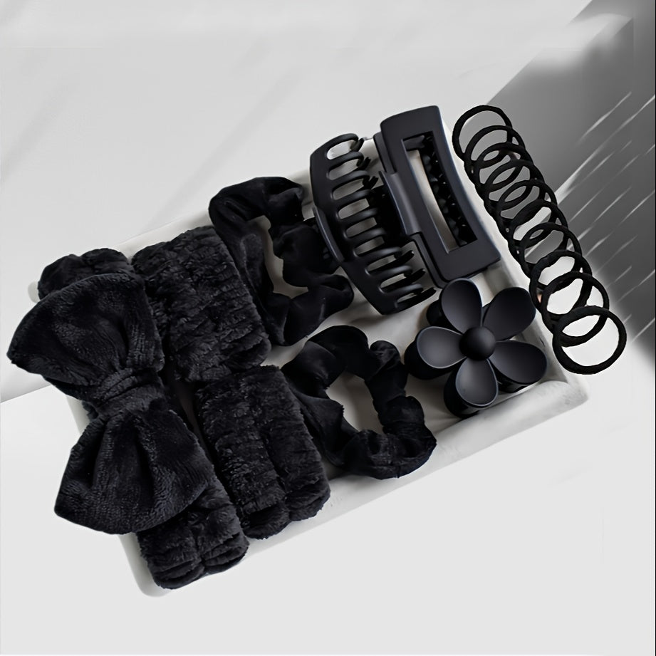 16-piece hair accessory set in pink & black for women and girls, includes headbands, wristbands, and hair clips, perfect for travel, spa, makeup, and gifting.