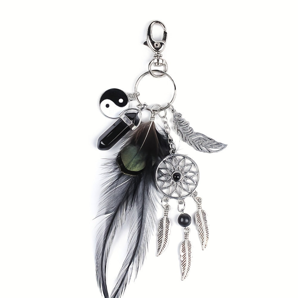 Black Metal Feather & Tassel Charm Boho Dream Catcher Keychain for Bags and Keys - Ideal Valentine's Day Present, Bag Accessory, or Car Pendant