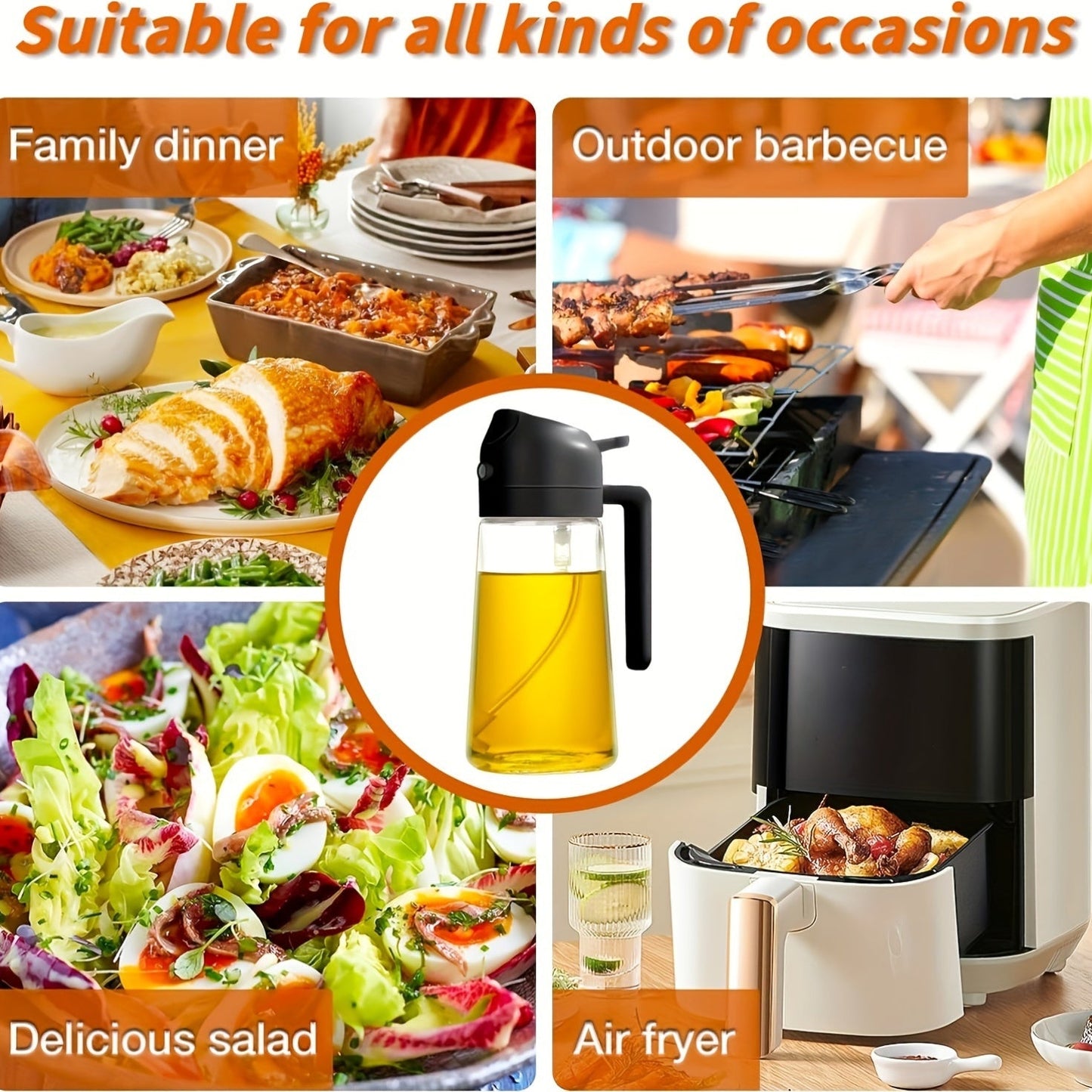 2-in-1 Portable Oil Sprayer and Dispenser - Olive Oil Mister and Pourer, 470ML Plastic Kitchen Spray Bottle for Cooking, BBQ, Air Fryer, Baking, Salad dressing.