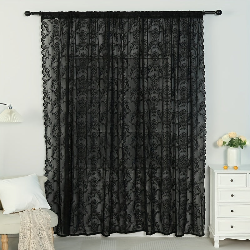 Upgrade your home decor with a sophisticated black lace curtain. Perfect for use in the bedroom, office, kitchen, living room, or study, this rod pocket window treatment will elevate the style and comfort of your home.