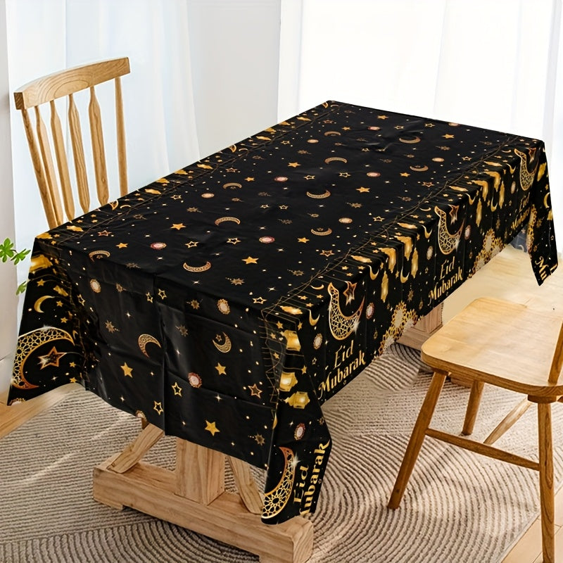 1pc Eid Mubarak tablecloth with black golden moon star lantern design, made of plastic PE, measuring 130x220cm. Perfect for Ramadan, Eid Al-Fitr, Islamic Muslim party decor, and Eid Al Adha