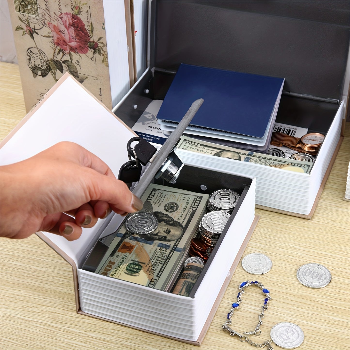 1pc Book Money Box with key lock, disguised as a book for secret storage and savings.