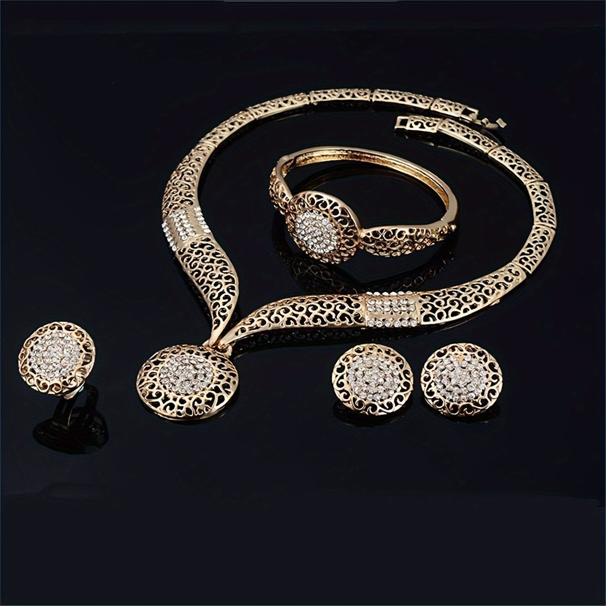 Luxurious Banquet Jewelry Set with Vintage Round Shaped Rhinestone Inlaid Stud Earrings, Ring, Bangle, and Pendant Necklace in Elegant Style