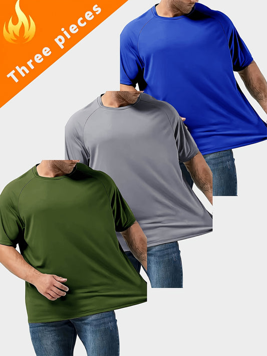 Three large solid short-sleeve sports t-shirts for men, versatile for outdoor activities and leisure, plus size