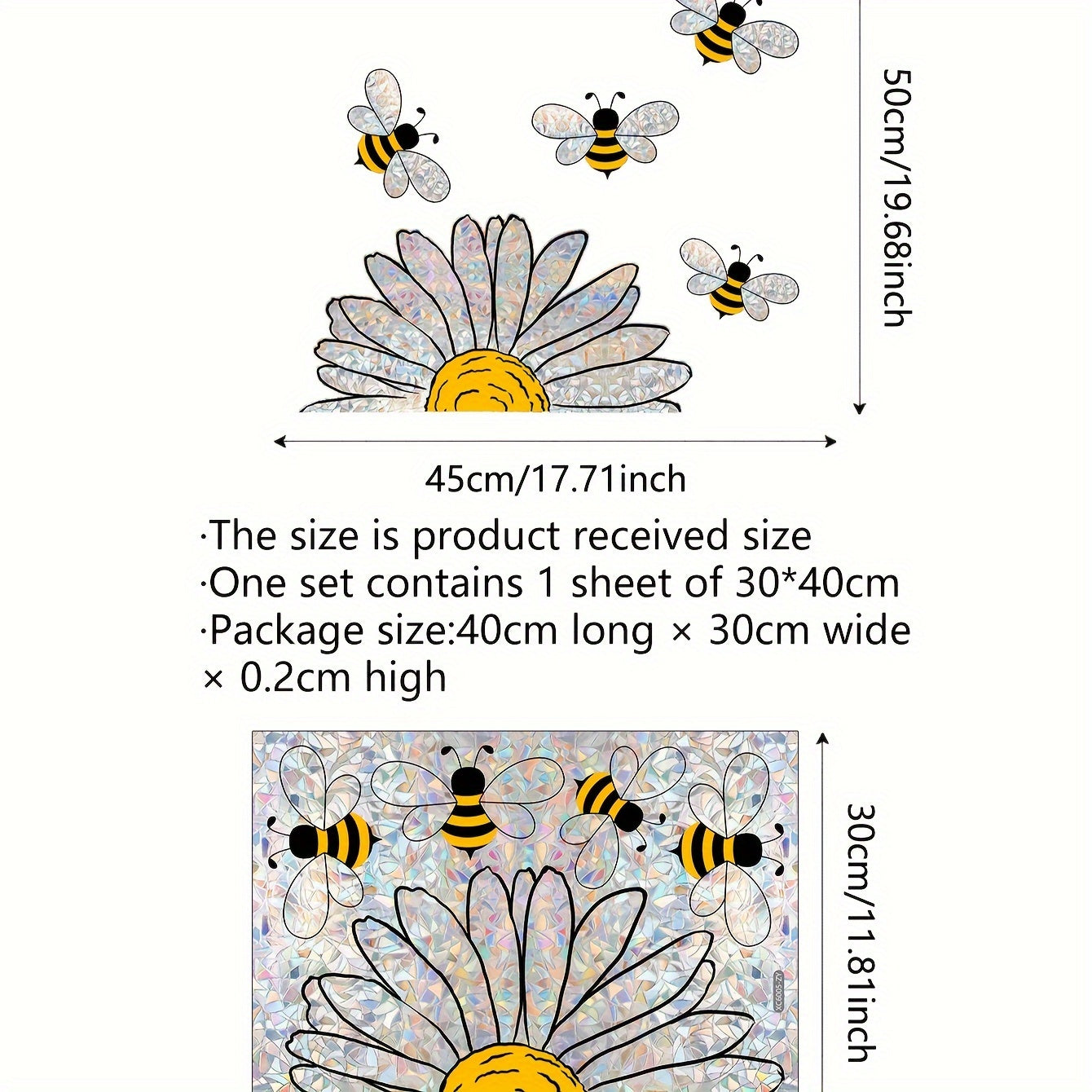 Qayta ishlatiladigan Yorqin Arı va Gullar Shisha Deraza Dekoratsiyasi - Quyoshli Derazalar va Devorlar uchun 5mil PVC Stiker, Elektrostatik Yopishqoq, Noaniq Shakl - 1 Dona