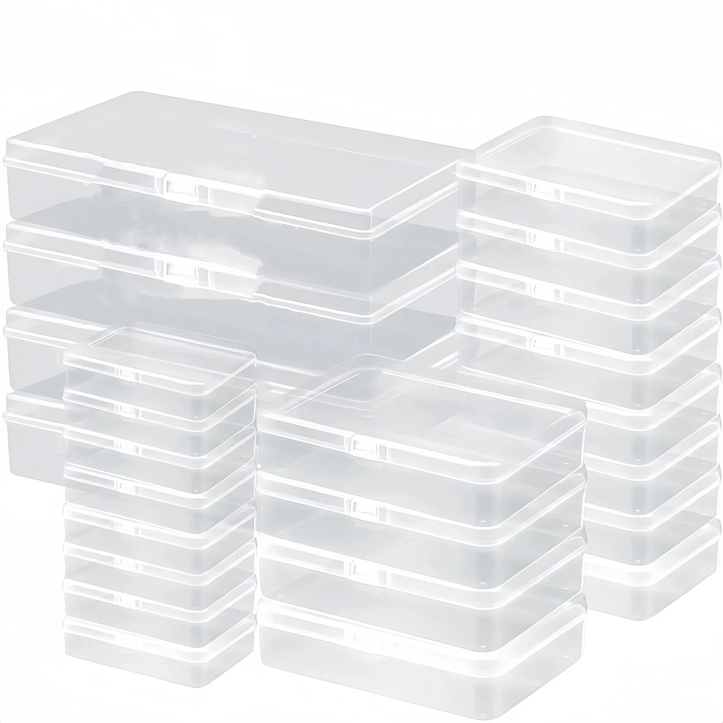 Clear plastic storage boxes with hinged lids in assorted sizes for organizing jewelry, beads, office supplies, and games.