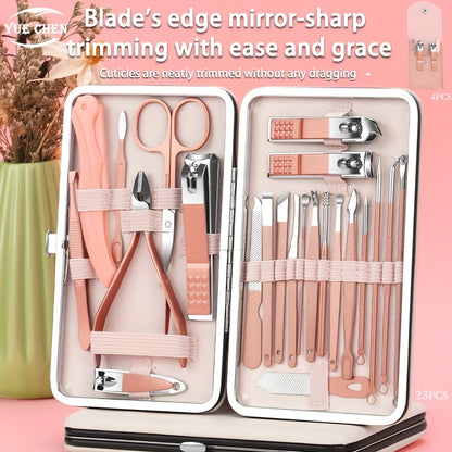 Pink nail tool set for girls, includes various tools for nail care and grooming.