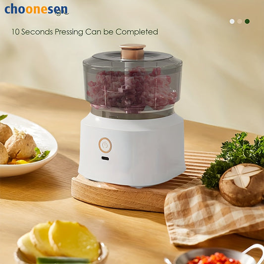 Introducing the Choonesen Cordless Meat Grinder - a convenient kitchen tool with a 1L capacity and rechargeable 800mAh lithium battery. This plastic round food processor features USB charging, one-button operation, and a multifunctional cutter head. Easy