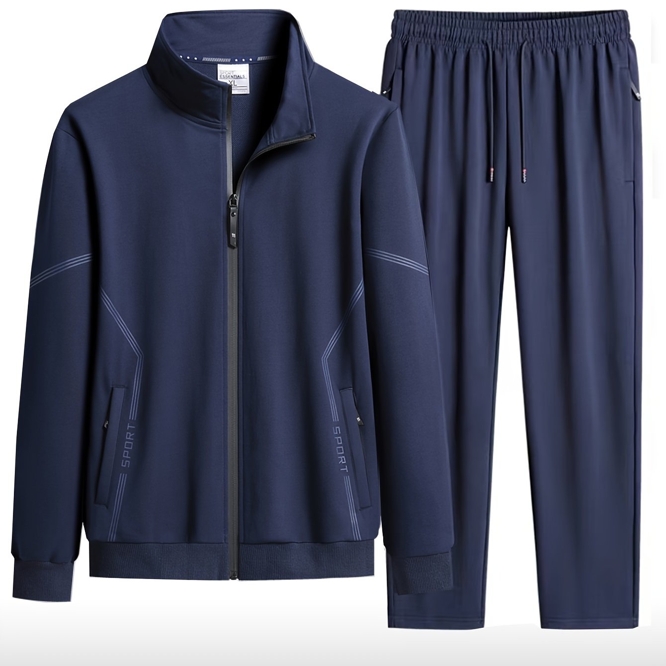 Men's casual sportswear set: Polyester, machine washable, solid color with pockets. Includes spring/fall collared jacket and joggers outfit.