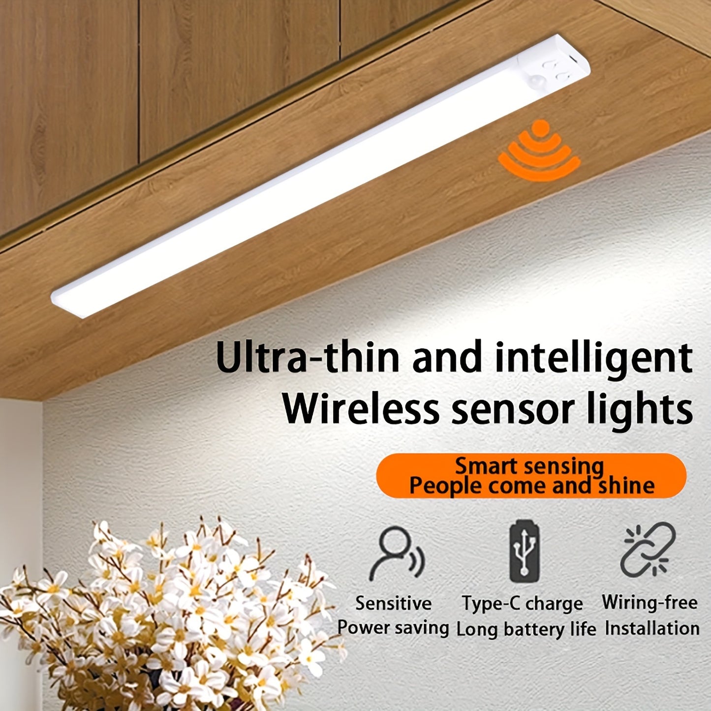 Ultra-thin LED light strip with human body sensing, multi-mode switching, wall-mounted design, and rechargeable lithium battery. Ideal for kitchen, wardrobe, bedroom, wine cabinet.