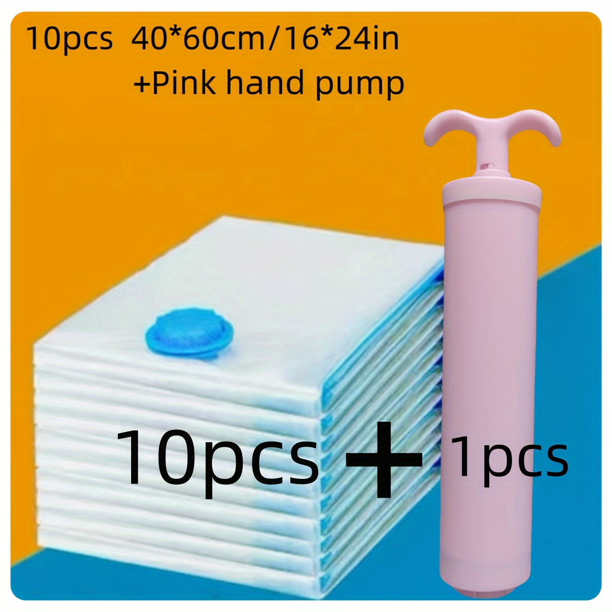 The set contains ten vacuum-seal bags, each measuring 40 by 60 centimeters (16 by 60.96 cm), and comes with a pink hand pump. These versatile storage bags have a zipper closure and a rectangular design, operating without the need for electricity.