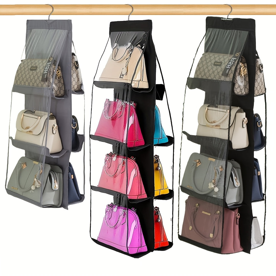 Elegant fabric wall hanging closet organizer with secure pockets in black & dark grey.