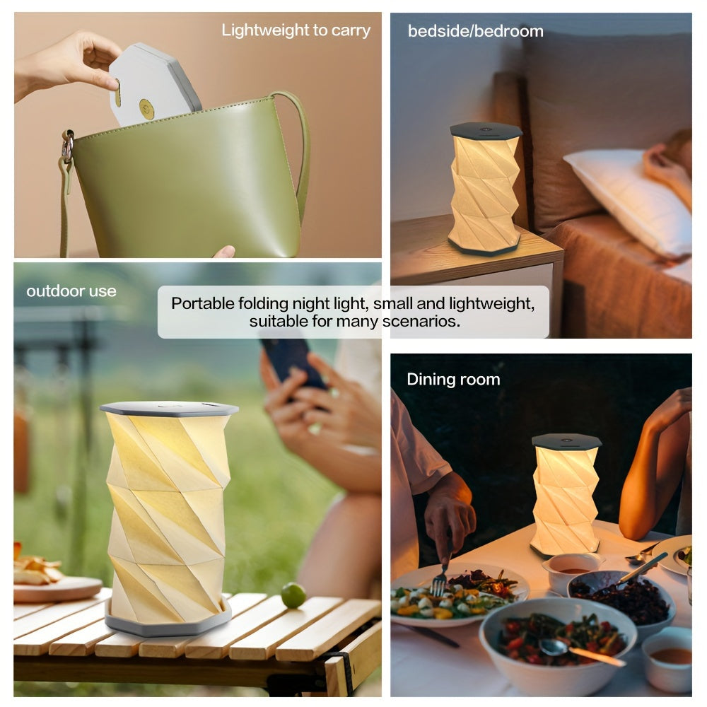 Vintage wooden folding table lamp, portable night light with stepless dimming and USB rechargeable for camping.