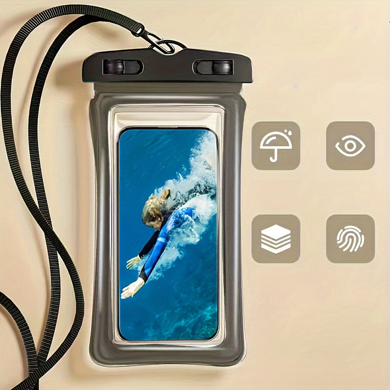 Waterproof phone pouch with 3D design and neck strap for 20.32 cm smartphones, ideal for beach, cruise, and travel.