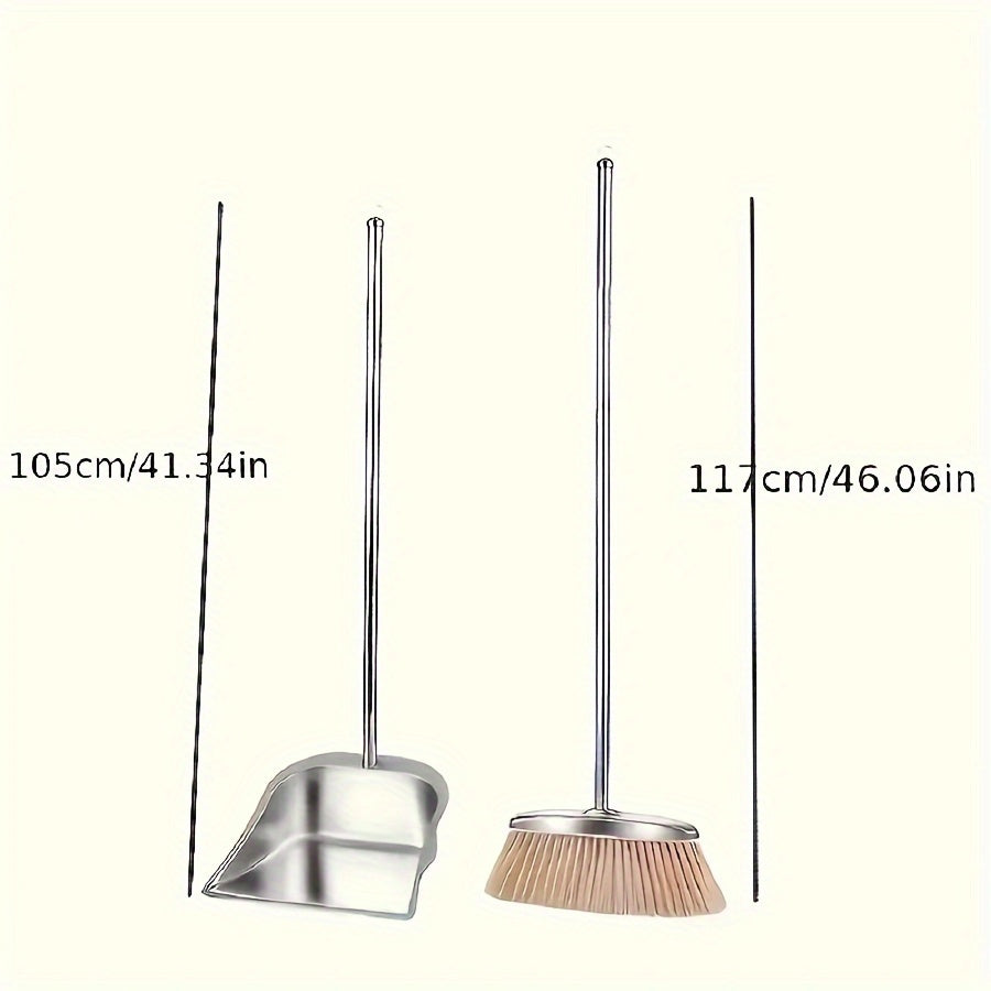 Durable Stainless Steel Broom and Dustpan Combo with Extended Handle - Sleek Polished Design, Complete Cleaning Kit for Home, Kitchen, Indoor & Outdoor Spaces, Convenient Standing Dust Pan, Dustpan Set with Multiple Components