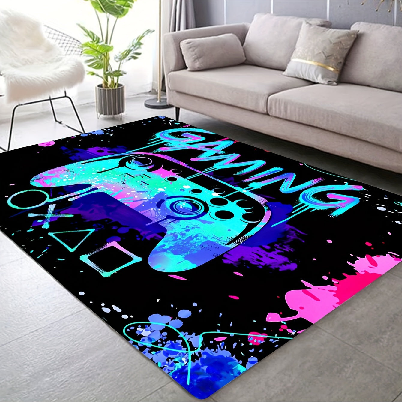 1 piece, 3D Gaming Area Rug made of soft flannel material perfect for your living room, bedroom, or carpet. This machine-washable rug is great for gamers and features a decorative design of a controller.