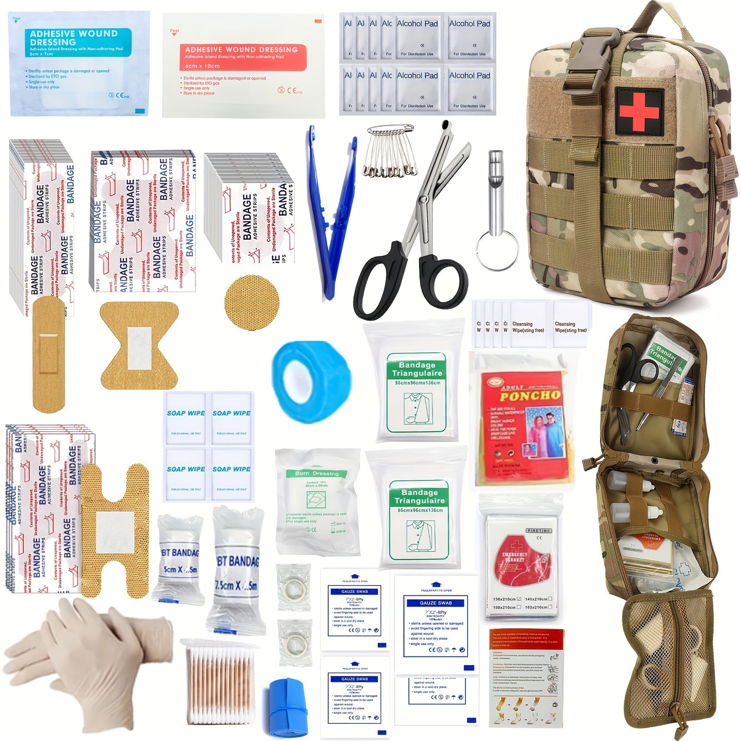 205-piece universal first aid kit suitable for various settings such as home, school, outdoor activities, hiking, car travel, and camping. Contains quick response first aid essentials