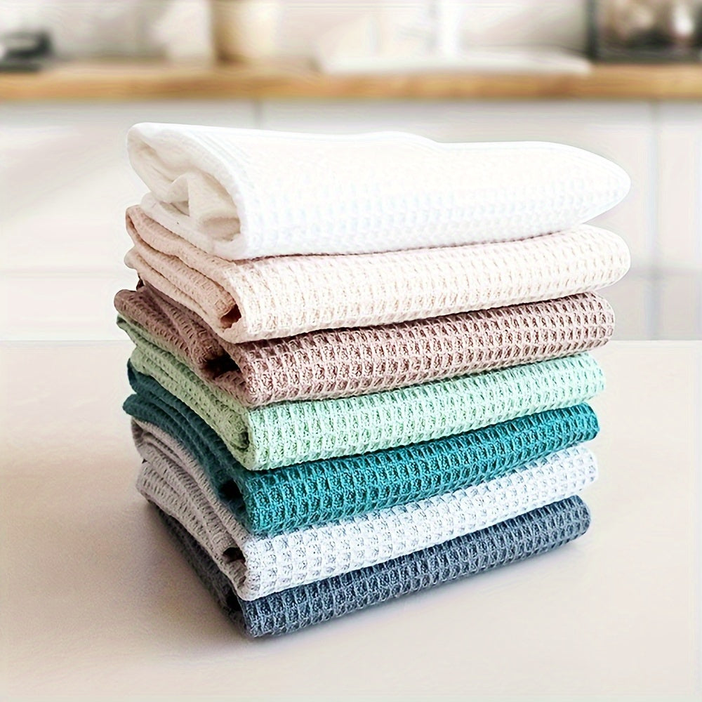 4 Ultra Absorbent Waffle Weave Dish Towels - Thick, Soft Cotton Kitchen Rags for Cleaning & Drying - Modern Square Design