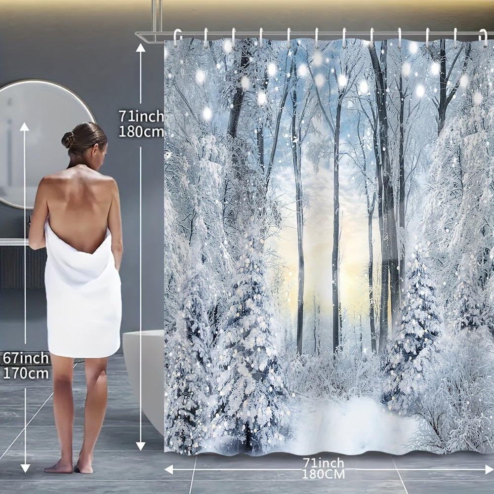 Winter snow scene shower curtain set includes waterproof curtain, floor mat, toilet seat cover, bathroom mat, 12 plastic hooks, and home decorations.