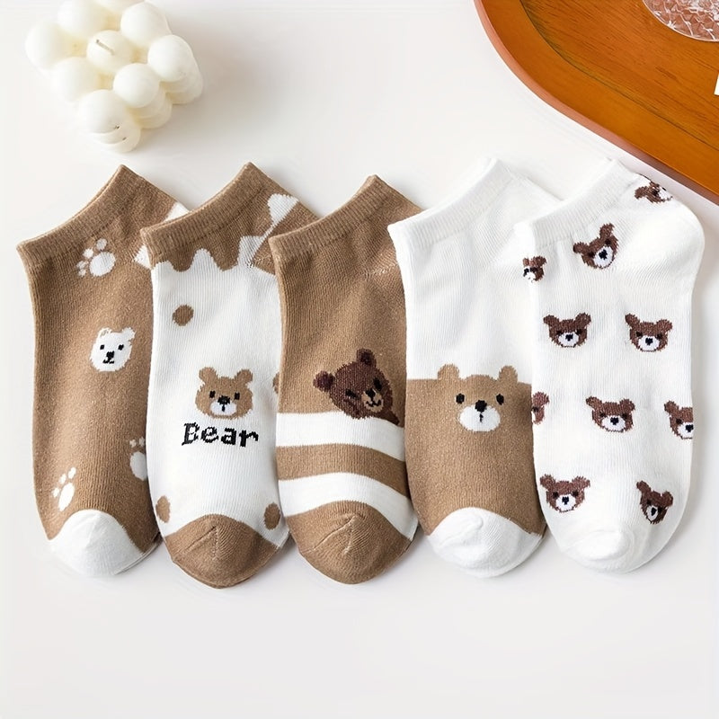 5 pairs of soft and lightweight low cut ankle socks with cartoon bear print for women.