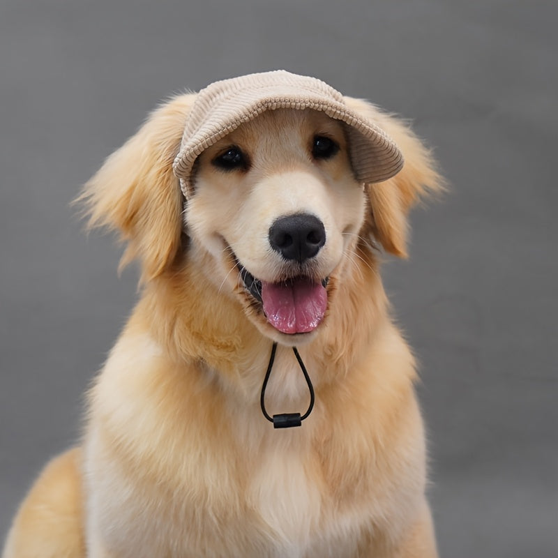 Adjustable dog baseball cap with ear holes made of breathable polyester, machine washable. Ideal for golden retrievers, labradors, and large breeds. Perfect for spring/summer/fall.