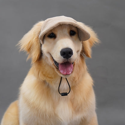 Adjustable dog baseball cap with ear holes made of breathable polyester, machine washable. Ideal for golden retrievers, labradors, and large breeds. Perfect for spring/summer/fall.