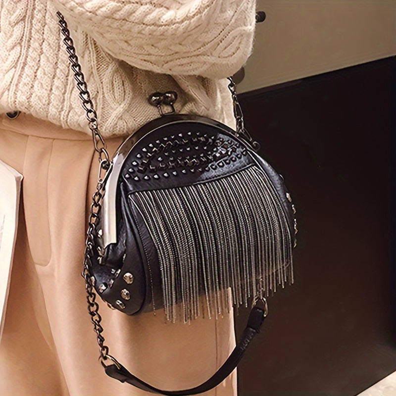 Niche fashionable kiss-lock handbag with rivets and tassel decor for women.