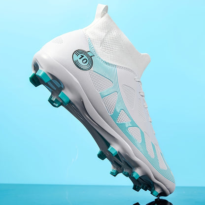 High-top men's soccer cleats with long studs, white & teal design for outdoor training and matches.