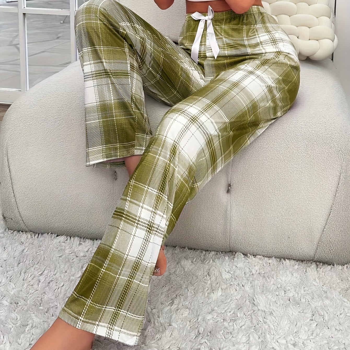 Womens' Plaid Bow Elastic Pajama Pants, Casual Style, Soft Autumn Sleepwear Bottoms