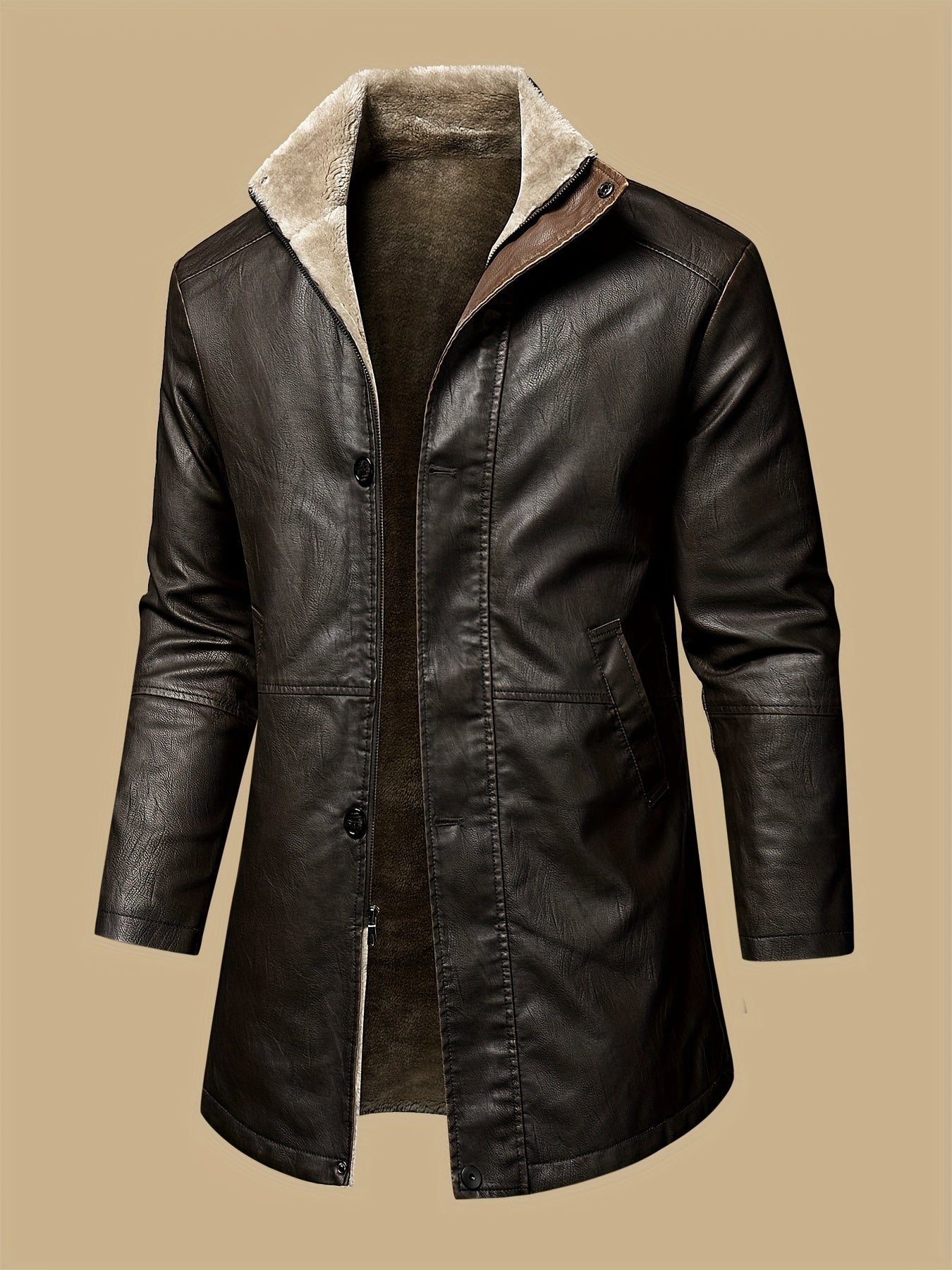 Men's distressed PU leather jacket with fleece lining, multiple pockets and windproof design.