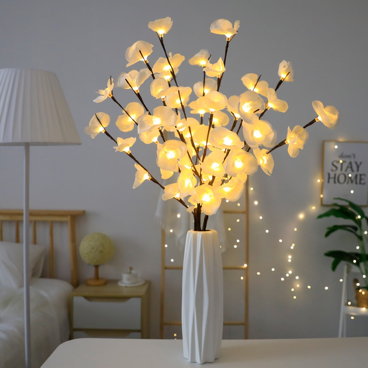 White Phalaenopsis LED light tree, battery-operated, suitable for various occasions and indoor decorating.