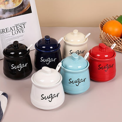 Elegant ceramic sugar jar with lid and spoon, 12oz capacity, 8.99x11.0cm, multiple color options, ideal for coffee bars and restaurants, easy to clean.