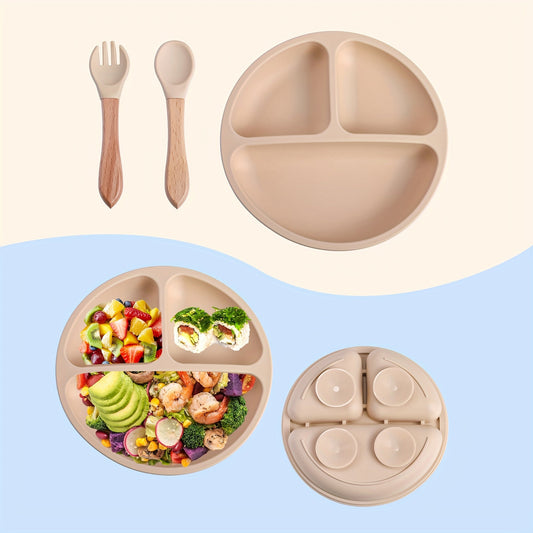 TYRY.HU offers a 3-piece set of baby feeding essentials made from 100% silicone. The set includes a divided suction plate, led weaning set, and plates and utensils set. Perfect for mealtime, this tableware set includes a plate and spoon. Makes a great